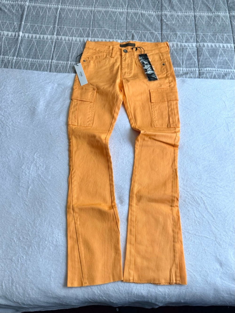 New Men's Orange KDNK Cargo Stacked Denim Jeans 32x33